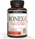 Bonex K Supplement|Vitamin D & K Complex|Supports Heart, Bones & Teeth Health|2000IU Vitamin D3 & 75mcg Vitamina K2|Non-GMO|Small & Easy to Swallow|60 Day Supply Chewable Tablets