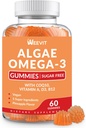 Zucchero Omega 3 Gummies, Algae Omega 3 Supplemento per adulti,Omega 3 DHA 240mg, EPA 110mg w/Vitamin B12,CoQ10