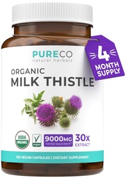 PURE CO USDA Organic Milk Thistle Capsule - 80% Silymarin Supplemento per il supporto del fegato- Super concentrato 300mg di 30:1 Estratto di cardo del latte Detox 120 giorni di alimentazione