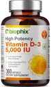 biophix Vitamina D-3 5000 IU 360 Softgels - Alta potenza in Olio Extra Vergine di Oliva Soia-Free Supporti Forte Bones Salute Immune