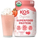 KOS Vegan Protein Powder, Strawberries & Cream USDA Organic - Bassa Carb Pea Protein Blend, Superfood a base di piante con vitamine e minerali, Gluten Free - Meal Sostituzione per le donne e gli uomini - 28 Serve