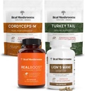 Real Mushrooms RealBoost (60ct), Lions Mane (120ct), Cordyceps & Turkey Tail Mushroom Powder & Capsules Bundle - Mushroom Supplement for Energy, Vitality, Endurance & Cognition - Vegan, Non OGM