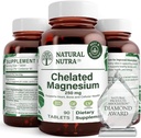 Natural Nutra Chelated Magnesium Oxide 250 mg - Alto assorbimento per le ossa forti, salute del cuore, aumento di energia, senza glutine, non OGM, 90 compresse (3 pacchetto) in bottiglie di vetro riciclabili senza BPA