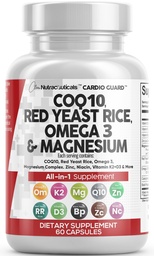 Clean Nutraceuticals COQ10 200mg Red Yeast Rice Omega 3 Magnesium Complex 500mg Niacin Zinc Vitamina K2 D3 - Vitamine di supporto cardiaco per le donne & uomini w/Vitamin B3, Coenzyme Q10-60 Ct