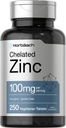 Horbäach Chelated Zinc Supplement 100mg | 250 compresse | Alta potenza e assorbimento superiore | Vegetariano, Non OGM, Gluten Free