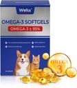 Wellix Pure Omega 3 Fish Oil per cani e gatti, supplemento di pelle e cappotto per spargimento, promuove cuore, pelle, cappotto, Joint, & Immune Health, Oltre 95% Omega 3, Ricco in EPA + DHA, 60 Softgels