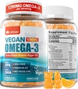 Vegan Omega-3 Gummies 1280mg + COQ10 + vitamina D3 K2 (MK7), Omega 3 Fish Oil alternativa per gli adulti w/EPA 600mg DHA 400mg & MCT Olio, nessun gusto di pesce da alghe marine, per cervello, occhio, immunità, 1 confezione