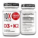 10X Salute Vitamina D3 5000 IU & K2 MK7 - Menaquinone 7, High-Potency D3 K2 Integratore di vitamina per la salute di ossa, cuore e denti - 125 mcg Vitamina D & 90 mcg Vitamina K2-60 capsule