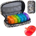 Serfeymi Organizzatore di viaggio settimanale 2 volte al giorno AM Aggiornato Rainbow Pill Box 7 giorno con custodia portatile in pelle PU cerniera, organizzatore di medicina per pillole, vitamine, oli di pesce - marrone 03