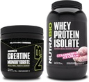 NutraBio Creatina monoidrato, non aromatizzato, 150g e proteine del siero, gelato alla fragola, supplemento Bundle - energia muscolare, crescita muscolare magra, recupero e resistenza