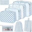 8 Set Cubi da imballaggio per valigette, Cubi da imballaggio con borsa da scarpe, Borsa cosmetica, Borsa per abbigliamento, Borse per accessori Cubi da imballaggio per l'organizzatore di bagagli da viaggio Donna (azzurro a scacchi)