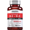 Piping Rock Vitamin K2 D3 Supplemento | 100 mcg | 180 Softgels | Complesso con MK7 | Non OGM, Gluten Free