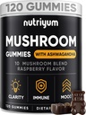 Mushroom Gummies 10 Blend 120 pz - Lions Mane, Ashwagandha, Tail tacchino, Cordyceps, Chaga, Reishi Mushroom Complex - Integratore di funghi per Immune, Energia, Clarity & Cognitive