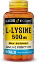 MASON NATURAL L-Lysine 500 mg con calcio - Funzione immunitaria migliorata, assorbimento nutriente potenziato, aminoacido essenziale, 100 compresse