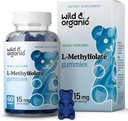 Wild & Organic L-Methylfolate 15mg Gummies - Mood & Brain Support - Folate 5-MTHF Supplemento per cervello, messa a fuoco, clarity - Folate Supplement w/Vitamin B9-60 Non OGM L Methylfolate Gummies
