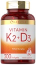 Carlyle Vitamin K2 D3 Supplemento | 300 Softgels | 200mcg K2 MK7 & 10.000 IU D3 | Non OGM, Gluten Free