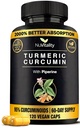 Curcumina erboristica con estratto di pepe nero (Piperine) - 120 capsule tumeriche veggie - Premium 95% Curcuminoidi standardizzati - Alto assorbimento e potenza - Integratore di supporto congiunto