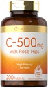 Carlyle Vitamin C con Rose HIPS 500mg | 200 compresse | Formula ad alta potenza | Vegetariano, Non OGM e Gluten Supplemento gratuito