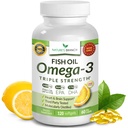 Best Triple Strength Omega 3 Fish Oil Pills 2400mg | 120 capsule | Burpless High Potency Lemon Flavor | 864mg EPA 576mg DHA Ultra Pure Liquid Softgels | Brain Joints Eyes Hair Heart Health Supplement