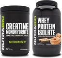 NutraBio Creatina monoidrato, non aromatizzato, 500g e isolato di proteine del siero, cinamone Zucchero, supplemento Bundle - energia muscolare, crescita muscolare magra, recupero e resistenza