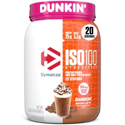 Dymatize x Dunkin' Mocha Latte ISO100 Whey Protein Powder, 95mg Caffeina, 25g di Proteine, 5.5g BCAAs, 120 Cal., Gluten Free, 1g Fat, 1g Sugar, 3g Carb (20 Servings)