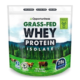 Opportuniteas Grass Fed Whey Isolate Protein Powder - Polvere proteica non aromatizzata 28g senza dolcificanti artificiali, cows senza ormoni, non OGM - 2.5lb