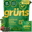 Gruns Adult Super Greens Multivitamin Gummies, Superfood Gummy Vitamins for Women and Men with Spirulina, Chlorella, Adaptogens & Prebiotic Fiber for Digestive Health (28 Conte)