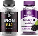 Gummie di ferro di primo codice per le donne e gli uomini con vitamina B12, [2 in 1] CoQ10 200mg & Vitamina C 250mg Gummies