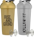 [2 Pack] 28 Ounce Proten Shaker Bottiglie con miscelatore Agitatori con citazioni motivazionali | Perfetto per miscelare proteine, pre-allenamento e Greens Bevande | BPA Free and Lavastoviglie Safe |Gold & Silver
