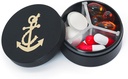 Piccolo contenitore di pillole 3 scomparti, scatola di metallo rotondo portatile, organizzatore impermeabile del padiglione di viaggio, contenitore di vitamina EDC della medicina del Purse tascabile (nero con ancoraggio)