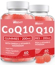 Zucchero CoQ10 Gummies 200 MG, Coenzyme Q10 (Ubiquinone) Gummies per adulti, Co Q10 Supplemento con Omega-3, Magnesio, Energia, Supporto cerebrale