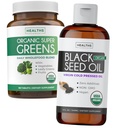 Super Greens & Black Seed Oil (3-Month di alimentazione) Miscela di olio di erbe Bundle di Super Greends Organic - Superfood completo (180 capsule) & Organic Black Seed Oil Liquid - Pressato a freddo (8 fl oz)