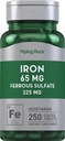 Piping Rock Iron Ferrous Sulfate 65 mg | 250 compresse | Iron Supplement | High Potency Formula | Vegetariano, Non OGM, Gluten Free