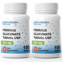 Puregen Labs Ferrous Gluconate 324 mg [High Potency] Ferro da stiro Supplemento, Gentle on Stomach | 2 Pack - 200 compresse Totale