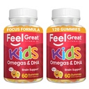 Feel Great Vitamins Kids DHA Gummies con Omega 3 6 9, Vitamina C (2-Pack) | Supporta la funzione sana del cervello, la visione e la salute del cuore | Gluten Free, Vegetariano | 60 Gummies