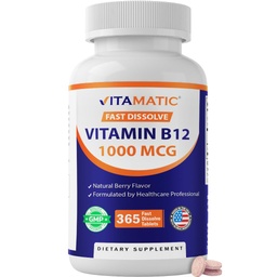 Vitamatic Vitamina B12 1000 mcg Fast Dissolve – 365 compresse – Natural Berry Flavor – Supporta il metabolismo energetico e la salute del sistema nervoso