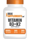 BulkSupplements.com Vitamin D3 + K2 5000 IU Softgels - D3 K2 Supplemento, per la salute immunitaria - Gluten Free, 1 Softgel per Serving, 365 Conteggio (Pack of 1)