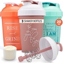 GOMOYO [3-Pack] 20-Ounce Shaker Bottiglia con Azione-Rod Mixer | Protein Shaker Bottiglia con Citazioni Motivazionali | Shakers for Protein Shaker sono BPA Free e Lavastoviglie Safe | Coral, Mint, & Rose