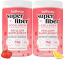 Bellway Super Fiber Powder + Collagen (2 Pack), Polvere senza zucchero Psyllium Husk con Peptidi di collagene per la salute del fegato, pelle sana, unghie, ossa e giunti, limonata di fragola (22,92 oz)